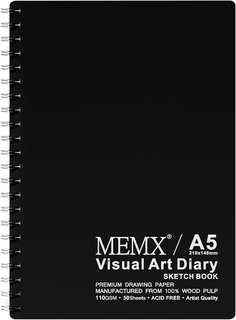 MEMX Poly Cover Sketch Book, 5.5”X8.5” 100 Pages (110gsm), Spiral Bound Artist Sketch Pad Notebook, Durable Acid Free Drawing Paper for Drawing, Writing, Painting, Sketching or Doodling, White - Image 1